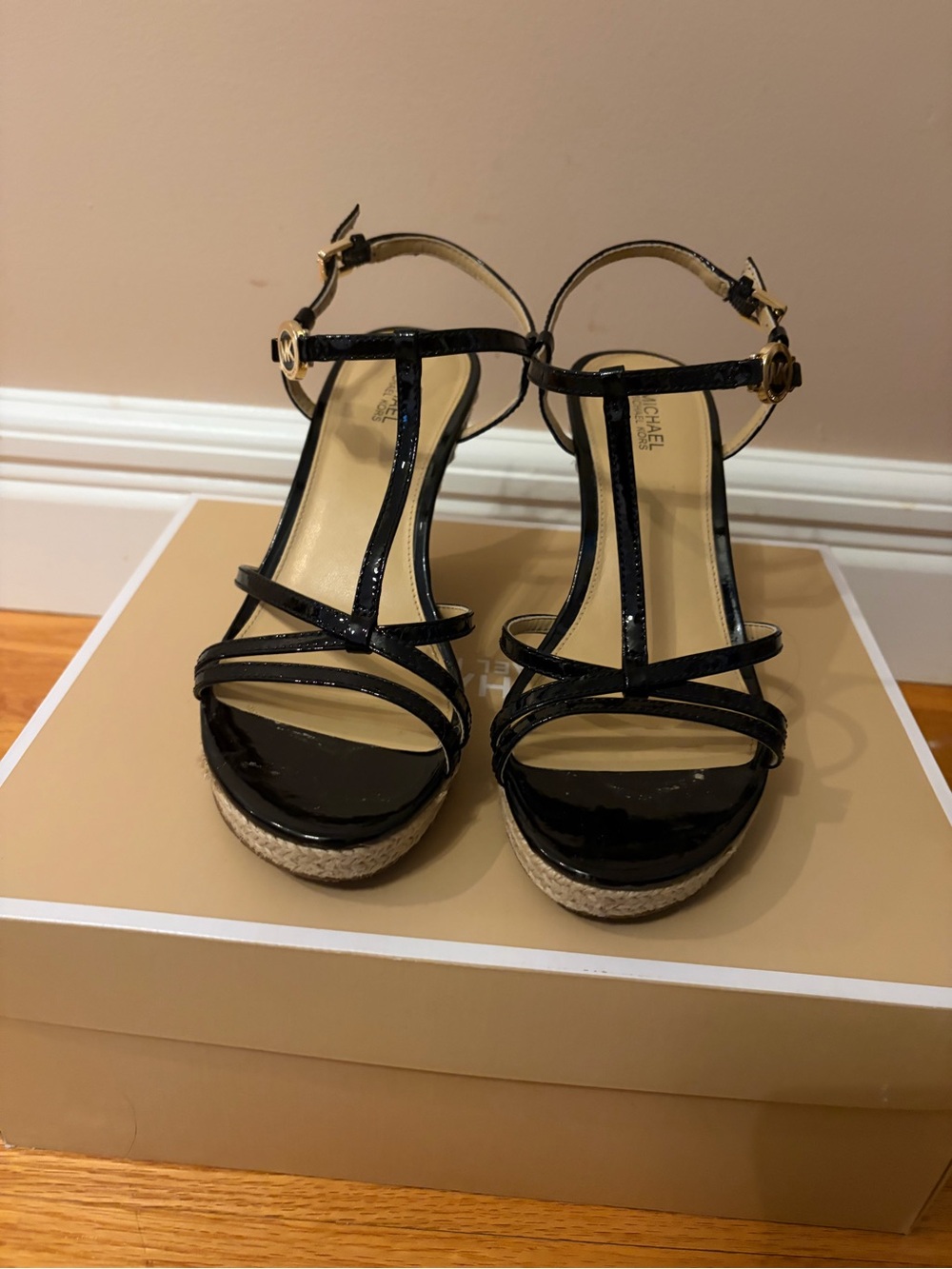 MICHAEL Michael Kors Black Patent Leather Strappy Espadrille Wedges